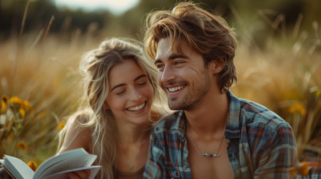 A man and a woman are sitting together on a blanket outdoors.の素材