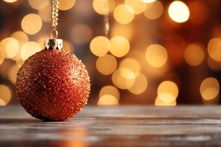 Christmas ball on wooden table against bokeh lights, closeupの素材