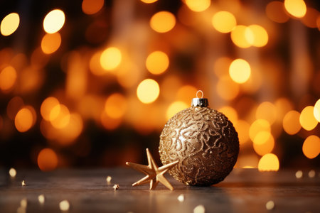 Christmas ball and starfish on wooden table against blurred lights, closeupの素材