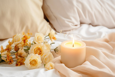 White bed with candles and flowersの素材