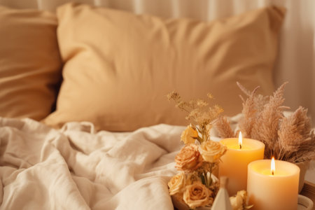 White bad with candles with flowersの素材