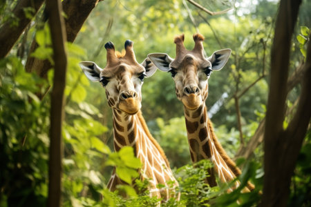 Head of a giraffe on a green field with trees aroundの素材