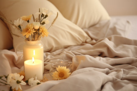 White bad with candles with flowersの素材