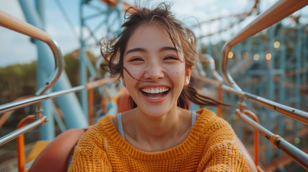 A woman grins joyfully as she rides a roller coaster, hair flowing behind her in the rush of speed and adrenaline.の素材
