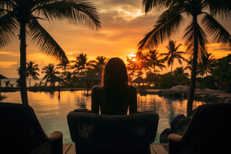 Woman sitting under the palmの素材