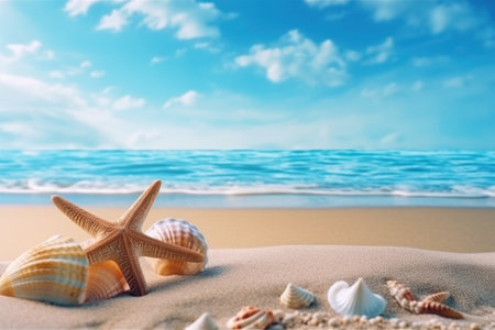 Beach with seashells and starfish and skyの素材