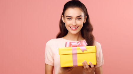 Beautiful girl standing on a pink background with a gift in the handsの素材