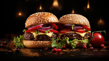 Two burgers on dark backgroundの素材
