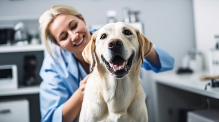 A veterinarian in a clinic looking at a dogの素材