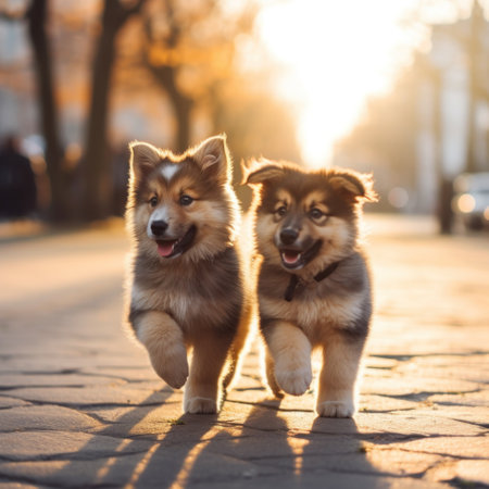 Two puppies walk on the streetの素材