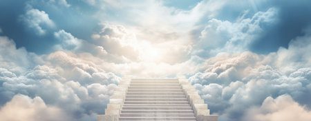 Conceptual image of steps going up against blue sky with cloudsの素材
