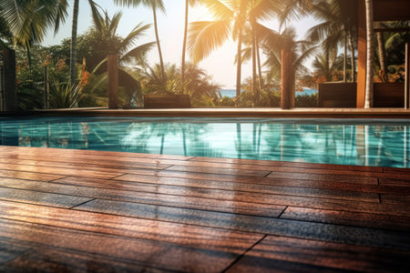 Empty wooden floor near the poolの素材