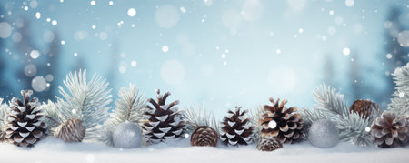 A white winter background with snow and pine conesの素材