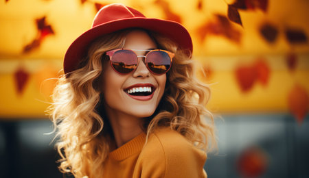 Autumn background with beautiful woman.の素材