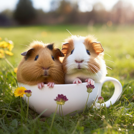 two guinea pigs sit in two cups and gnaw on one grassの素材