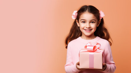 Beautiful girl standing on a pink background with a gift in the handsの素材