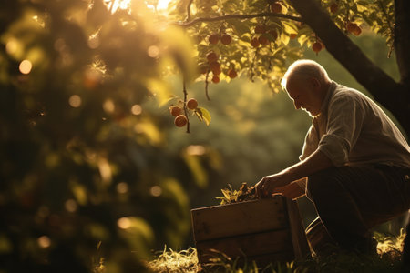 A man harvesting apples at sunriseの素材