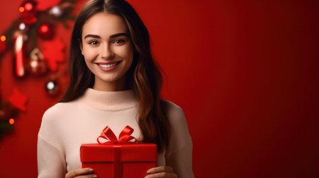 Beautiful girl standing on a red background with a gift in the handsの素材