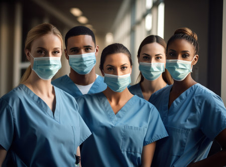 Group of doctors and nurses showing face masks in hospitalの素材