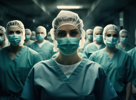 Group of doctors and nurses showing face masks in hospitalの素材