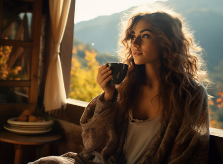 Autumn background with girl drinking coffee.の素材