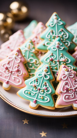Colorful sugar cookies shaped like Christmas trees and reindeer.の素材