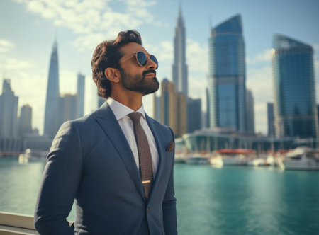 Indian man looking up at business on background of city by the water.の素材