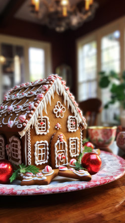 Festive gingerbread house with candy canes and icing decorations.の素材