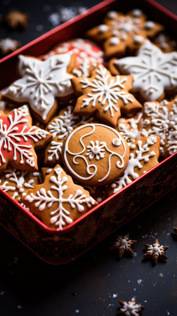 Close-up of a tray of beautifully decorated Christmas cookies.の素材
