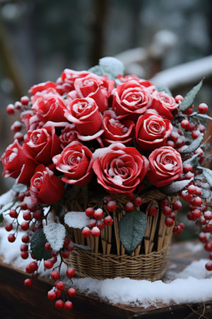 Snowy red roses and berries in a rustic wooden basket.の素材