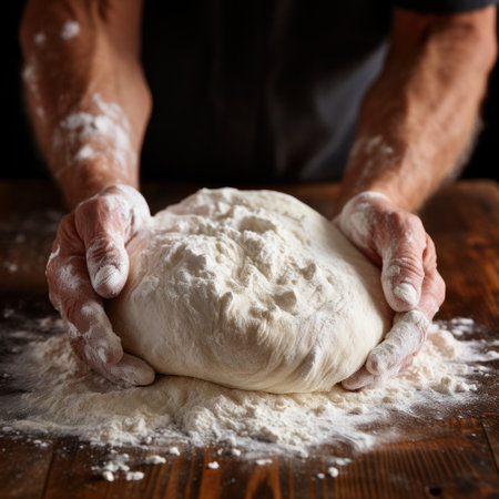 Flour-covered hands forming dough into perfect round shapes.の素材