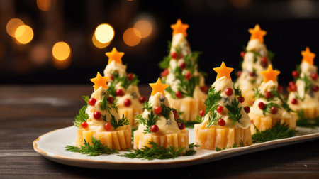 delicious cheese canapes in the shape of Christmas trees.の素材