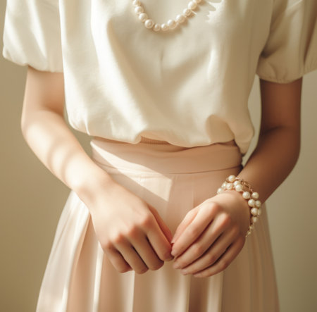 a woman holding a pearl necklace.の素材