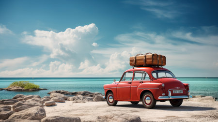 Retro red car with suitcases on it, seaside background.の素材