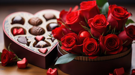 A close-up shot of a heart-shaped box of chocolates with a bouquet of red roses in the background.の素材