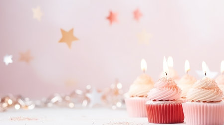 birthday holiday background, cakes with candles and copy space.の素材