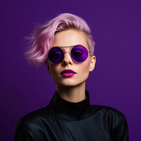 woman in sunglasses against violet background.の素材