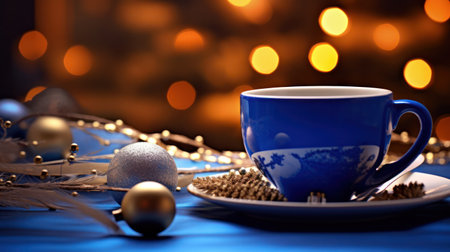On the table lies a blue coffee cup, accompanied by a Christmas ornament.の素材