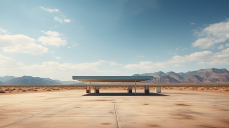 Empty modern gas station in USA desert large copyspace.の素材