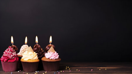 birthday holiday background, cakes with candles and copy space.の素材