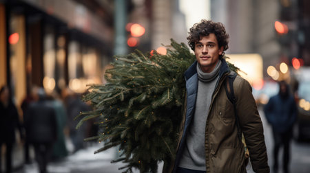 a young man carries a christmas tree home for christmas celebrations along the street.の素材