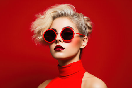a woman wearing sunglasses against a red background.の素材
