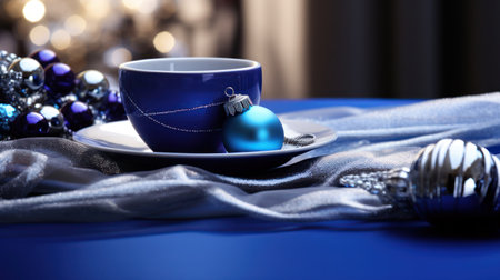 On the table lies a blue coffee cup, accompanied by a Christmas ornament.の素材