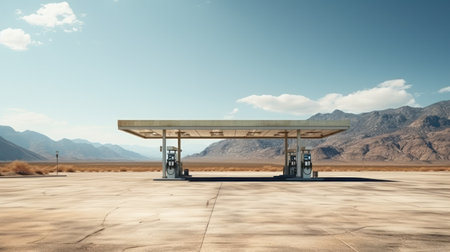 Empty modern gas station in USA desert large copyspace.の素材