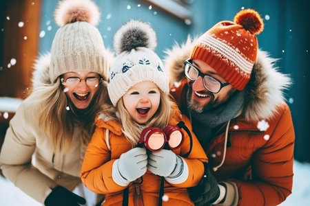 happy family plays together outside. winter christmas.の素材