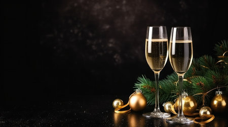 Champagne Glasses and Christmas Decorations on a Festive Dark Background.の素材