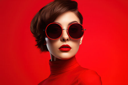 woman wearing sunglasses looks up at red background.の素材