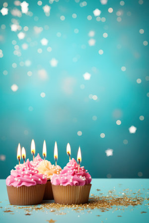 birthday holiday background, cakes with candles and copy space.の素材