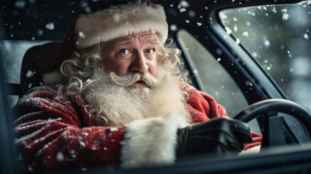 Santa claus like speedy driver in car interior on winter.の素材