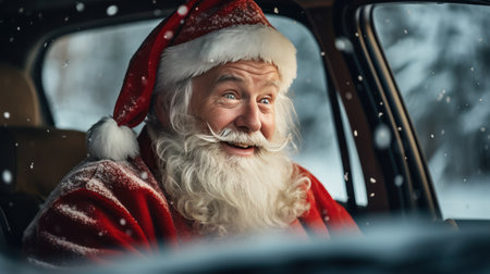 Santa claus like speedy driver in car interior on winter.の素材